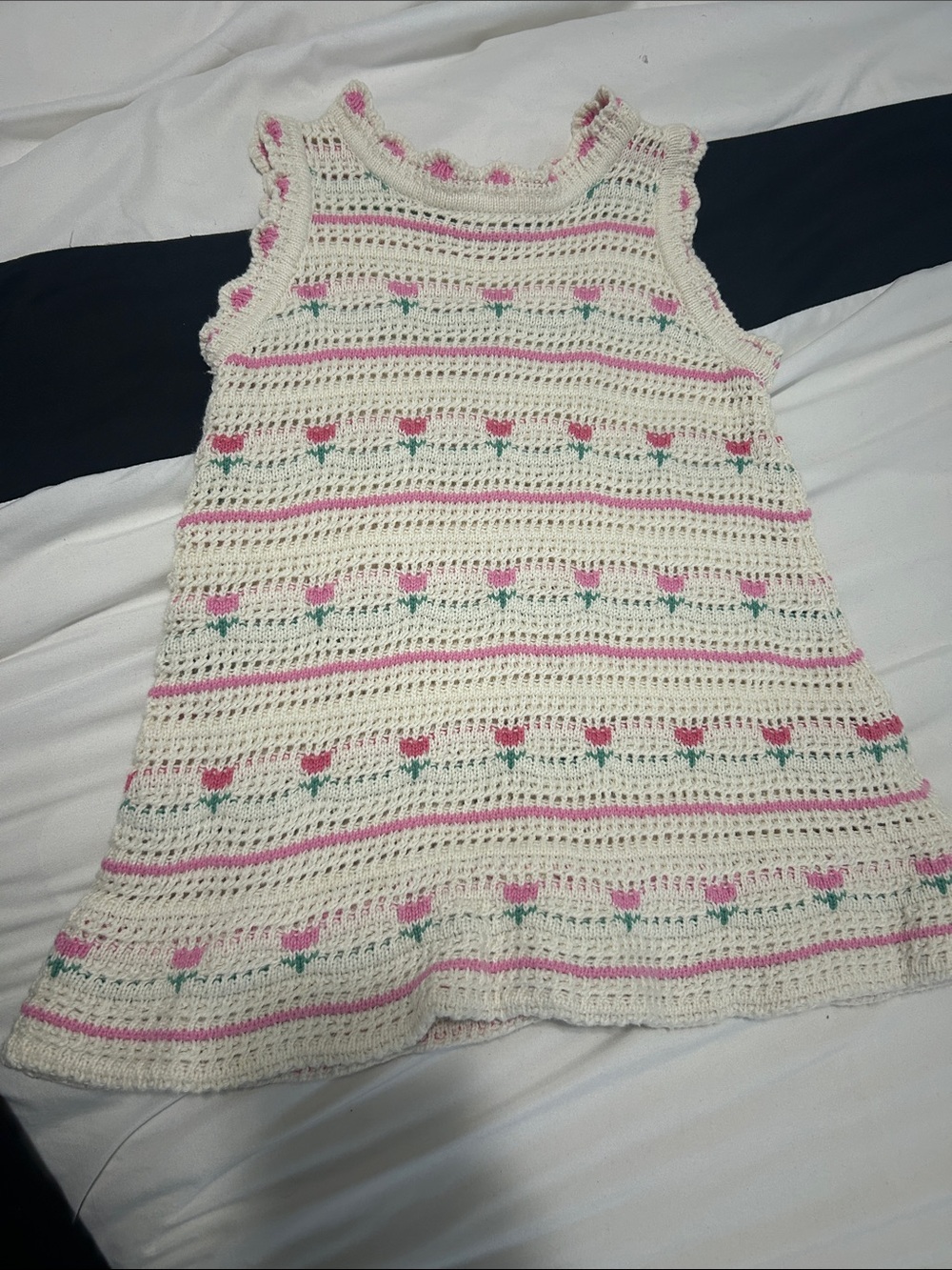 Bebe organic Cream Crochet Kids Dress with Pink Flower Accents size 3